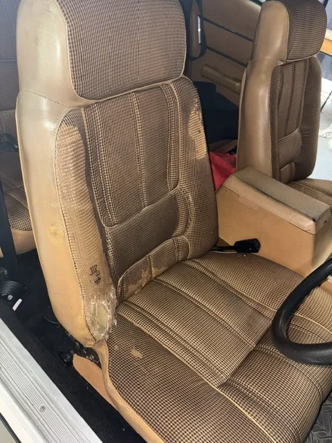 ex-NSW Police Highway patrol car (1978 XC hardtop fairmont GS) interior front seats need to be repaired, reconditioned, rebuilt, retrimmed and upgraded with new reproduction Houndstooth cloth fabric as per factory original trim.